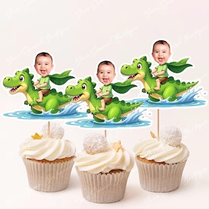 Custom Photo Dinosaur Cupcake Toppers, Dinosaur Rider Personalized Face Cupcake Toppers, Baby Photo Toppers, Birthday Decor, Digital File