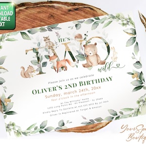 Feestdieren twee verjaardagsuitnodiging afdrukbare, schattige dierentuindieren uitnodiging voor feest, twee chique groen 2e verjaardag uitnodigen bosdieren