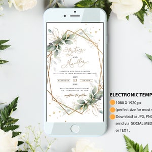 May include: A digital wedding invitation template with a gold geometric frame and green foliage. The text reads "Britage and Marcells Together with their families invite you to their wedding celebration Saturday May 13 at 1 pm 20xx Hotel Premier the Salisbury Rd Jacksonville FL 121M Reception to follow".