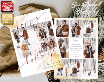 Puede incluir: Collage de fotos navideñas con las palabras "happy holidays" en escritura roja. El collage incluye fotos familiares y el texto "The Smith Family". También son visibles las palabras "Photo Collage Add Photos" y "Instant Download Editable".