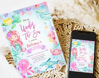 May include: Under the Sea themed birthday party invitation with a mermaid, seahorse, octopus, turtle, and shark. The invitation is for Bethany's 5th birthday and includes the date, time, and location of the party. RSVP information is also included.
