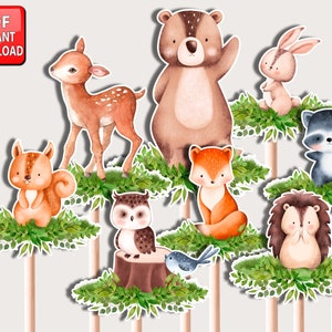 DRUCKBARE Waldtiere Mittelstücke Wald Baby-Dusche Ausschnitte Windel-Kuchendekor, Kuchendeckel Bär Fuchs Eichhörnchen Waschbär Digitale Datei