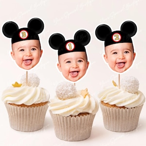 Mickey Mouse Ears inspired Personalized Face Cupcake Toppers, Mickey Mouse Face, Mouse Hat Inspired Photo Cupcake for any age Birthday