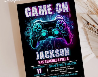 Video Game Birthday Invitation, Neon Glow Boy Gamer Party Invite Level Up Game On Digital Editable Instant Download Template 070