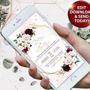 Burgundy and Blush Pink Flowers Electronic Invitation Bundle, Soft pink Burgundy Roses Smartphone Evite, editable, wedding e invite, W010