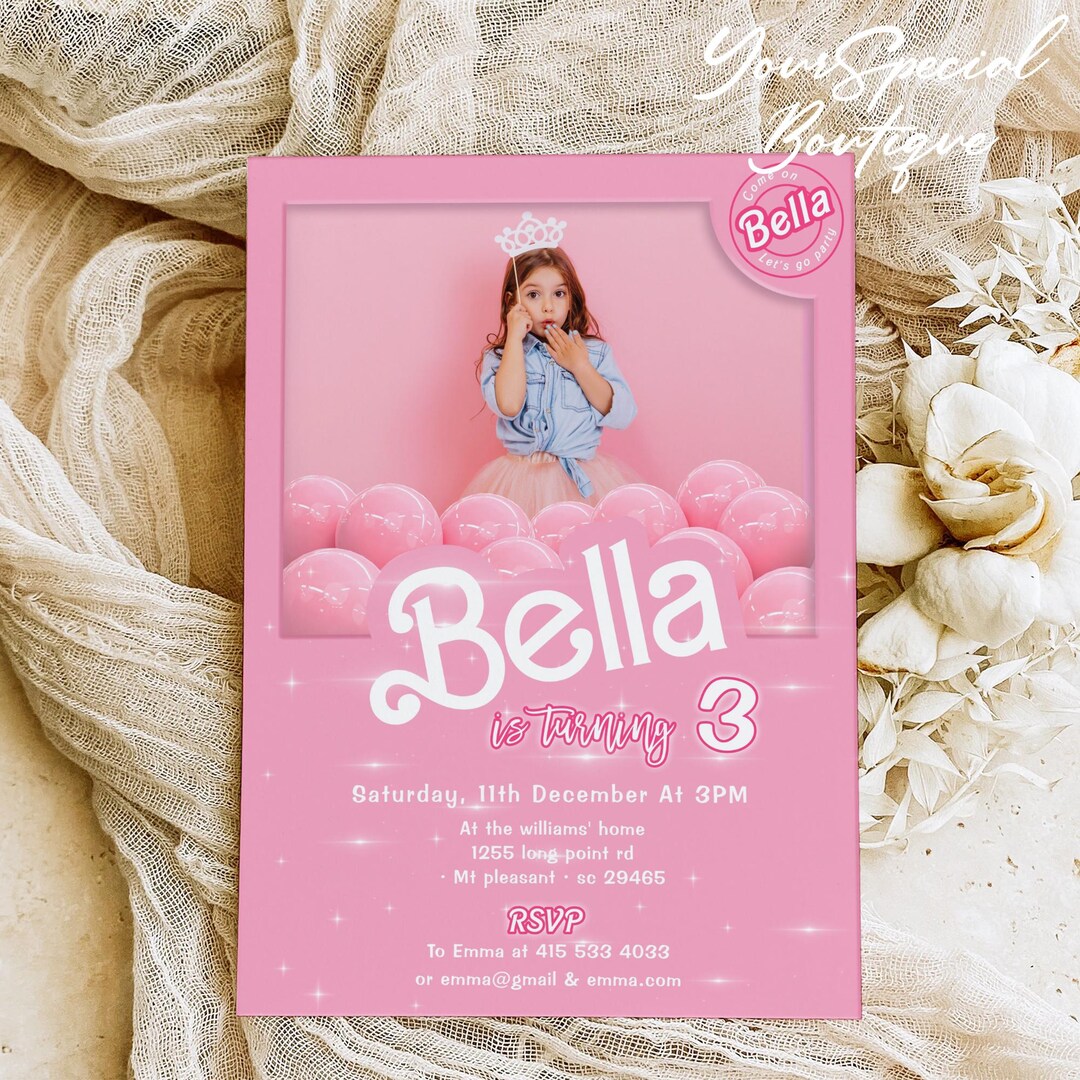 Editable Cute Pink Doll Box Birthday Invitation Come on Doll Lets Go ...