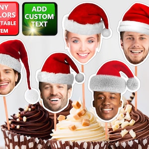 Santa Hat Photo cupcake toppers, Photo Cupcake Toppers Digital File, face cupcake toppers birthday 30st .. 80th, Personalized Photo 12 count