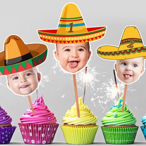 Sombrero Hat Fiesta Photo Cupcake Toppers, Fiesta Party Decor, Cake Toppers Printable, Mexican Party,Birthday Fiesta Decor, mexican birthday