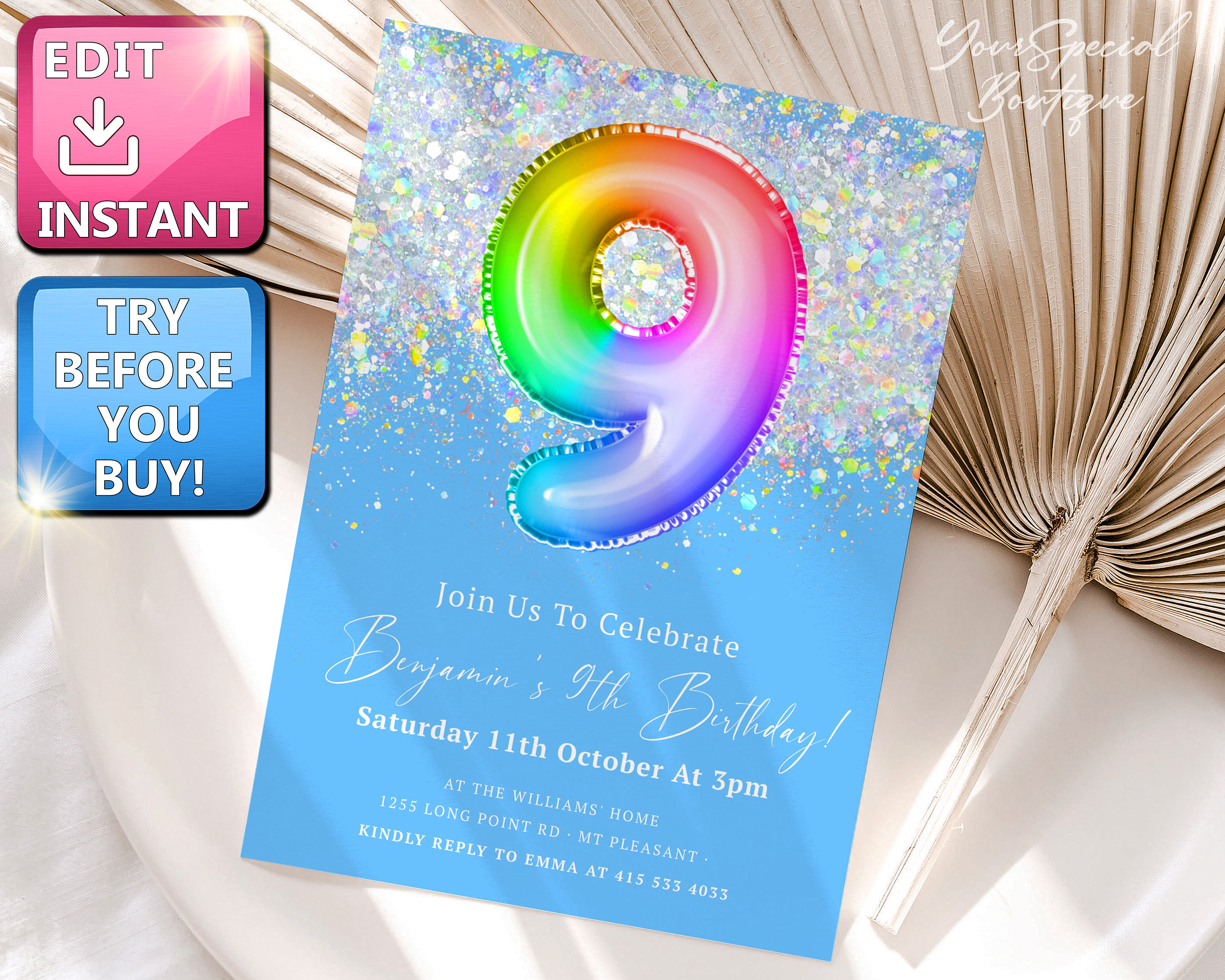9th Birthday Invitation Editable Boy Girl Glitter Birthday - Etsy