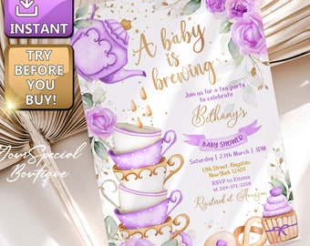 EDITABLE Tea Baby Shower Invitation, Baby is Brewing, Whimsical Tea Invite Template, Floral Purple and Gold, High Tea Instant Download BS136