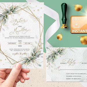 May include: A wedding invitation suite with a gold geometric frame and green watercolor leaves. The invitation reads "Brittany and Marcellus" with the wedding date and time. The RSVP card has a gold "Kindly Reply" message and a space for guests to RSVP.