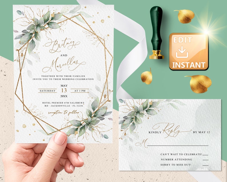 May include: A wedding invitation suite with a gold geometric frame and green watercolor leaves. The invitation reads "Brittany and Marcellus" with the wedding date and time. The RSVP card has a gold "Kindly Reply" message and a space for guests to RSVP.