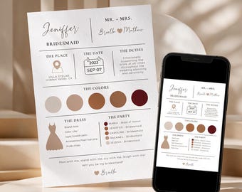 May include: A white wedding proposal card for a bridesmaid named Jeniffer, featuring the text Mr. + Mrs. Brielle + Matthew, wedding details, a color palette of five circles, a dress illustration, and a list of the party, displayed next to a smartphone.