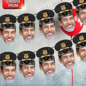 May include: A string of smiling faces wearing black hats with gold trim and badges. The hats are labeled "Different Hats to Choose From" in a red box. A red balloon is also attached to the string.
