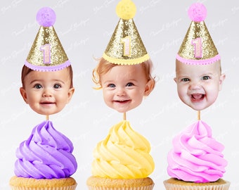 Custom personalized cupcake photo toppers digital file, face topper picks, cupcake birthday glitter, anniversary, baby any age people, pets