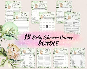 May include: A set of 15 printable baby shower games featuring a cute cartoon bear with green foliage. The games include "Who Said It? Daddy or Mommy", "Baby Bingo", "Baby Predictions and Advice", "What's in Your Purse", "Baby Name Race", "Oh Baby! True or False", and "Animal Pregnancy Game".