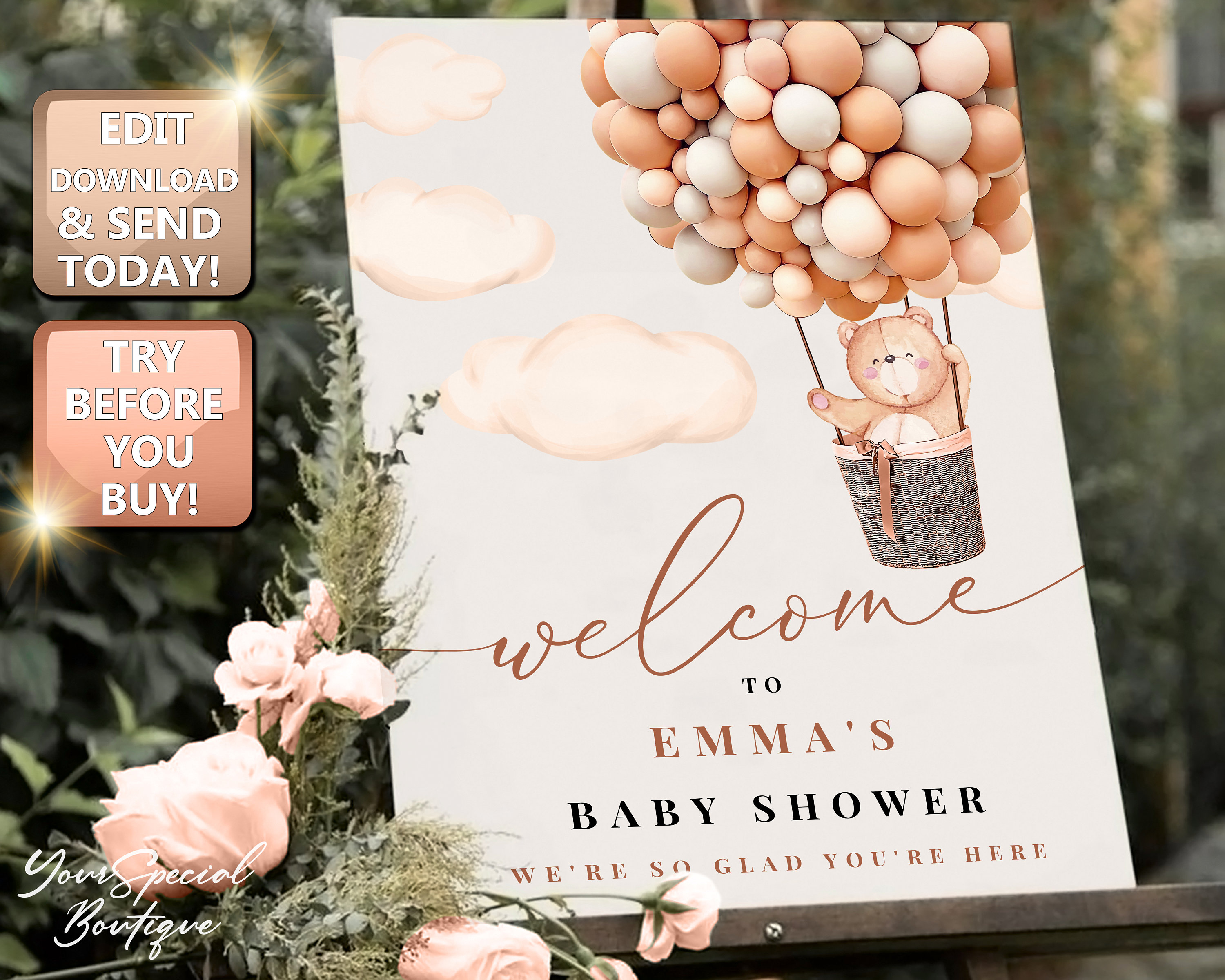Bear Balloon Welcome Sign,  Welcome Poster, Gender Neutral Balloon Baby Shower Sign, Editable Welcome Sign, Baby shower sign balloons BS010