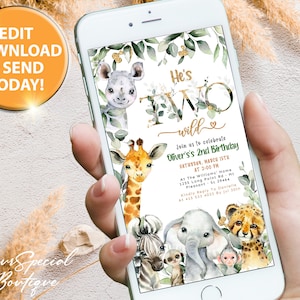 2. Geburtstag Evite, Safari 2 Jahre Geburtstags-elektronische Einladung, Dschungel-Geburtstags-Digital-Einladung, Safari-Geburtstags-elektronische e-vite Giraffe