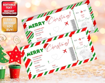 May include: Two Christmas-themed boarding passes with red, green, and white stripes. The tickets feature the text "MERRY Christmas!" and include spaces for passenger details, destination, and a message. A Santa hat and airplane graphic are also included.