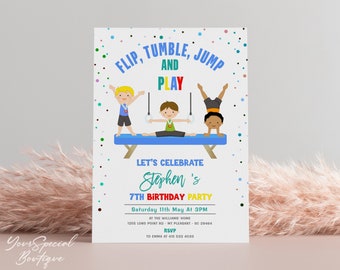 May include: A colorful invitation for a 7th birthday party with a gymnastics theme. The invitation features three boys doing gymnastics on a blue and yellow balance beam. The text reads "Flip, Tumble, Jump and Play, Let's Celebrate Stephen's 7th Birthday Party, Saturday 11th May at 3PM, At the Williams Home, 1255 Long Point Rd, Mt Pleasant, SC 29464, RSVP to Emma at 415 633 4003".