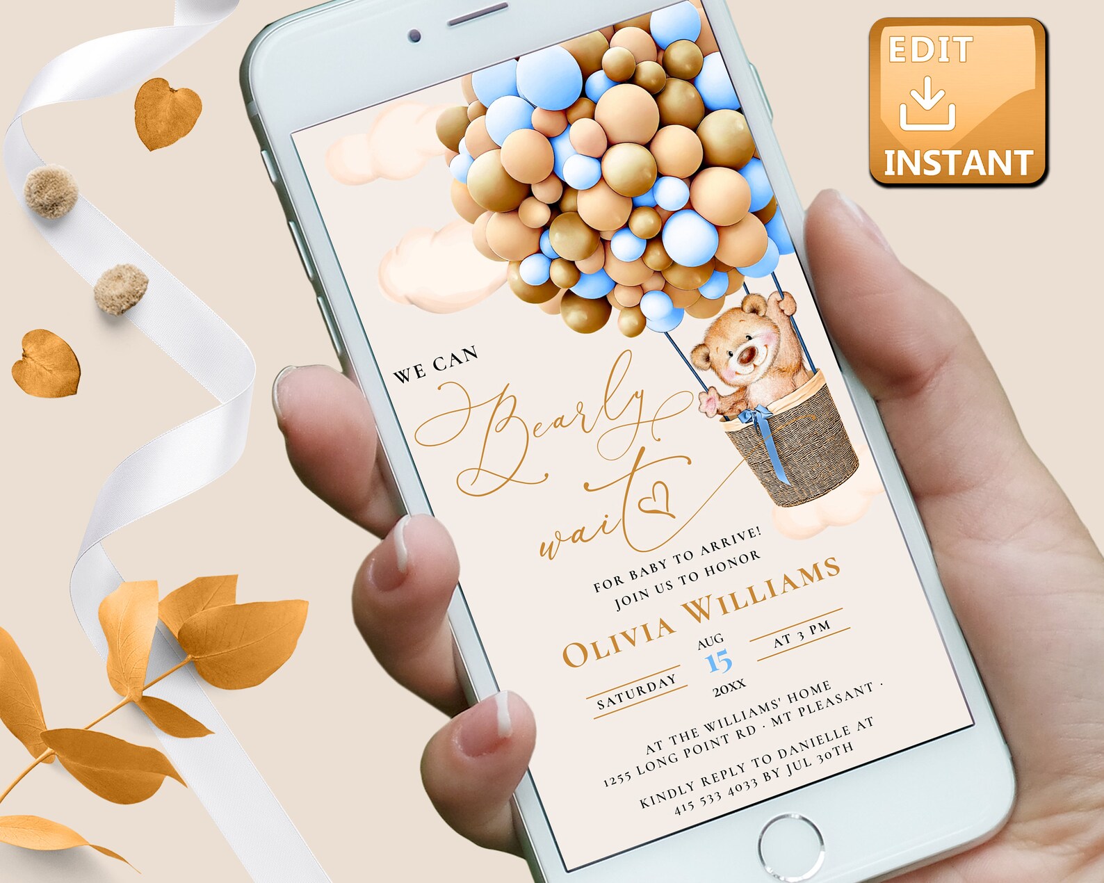 Baby Shower Electronic Invite Gold Macaron Blue Cream Etsy