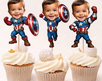 Captain America Inspired Face Cupcake Toppers, PERSONALIZED superhero Inspired Birthday Party, Kids Party Cupcake Toppers