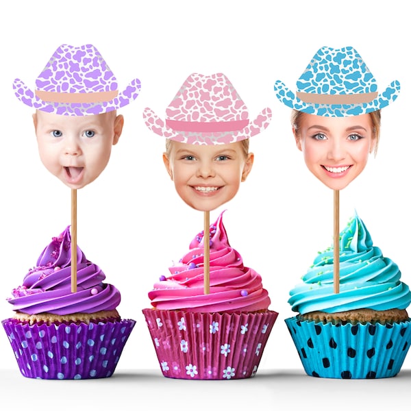 Rodeo Cupcake Toppers with Custom Face Photo (12 count) - Pink Cowboy Hat, Birthday girl, Bachelorette, Last Rodeo, Digital File