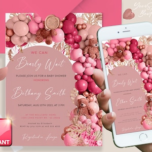 Baby shower invitation bear and Balloons girl Viva Magenta - Chocolate - pink - RoseGold - Ivory Cream Baby Invite Printable + digital BS043