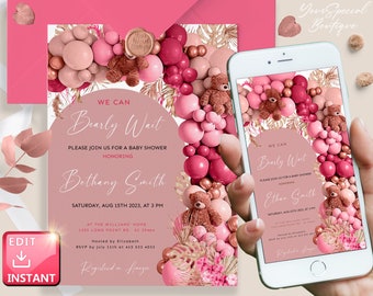 Baby shower invitation bear and Balloons girl Viva Magenta - Chocolate - pink - RoseGold - Ivory Cream Baby Invite Printable + digital BS043