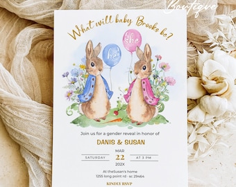 Peut inclure: Une invitation à une révélation de sexe avec une illustration aquarelle de deux lapins tenant des ballons qui disent "il" et "elle". L'invitation est pour une fête de révélation de sexe pour Danis & Susan le 22 mars à 15h00 à leur domicile.