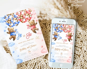 EDITABLE Teddy Bears Gender Reveal Invitation, Baby Boy Or Girl Party Invite Template, He Or She Boho Watercolor Bear with Balloons Download