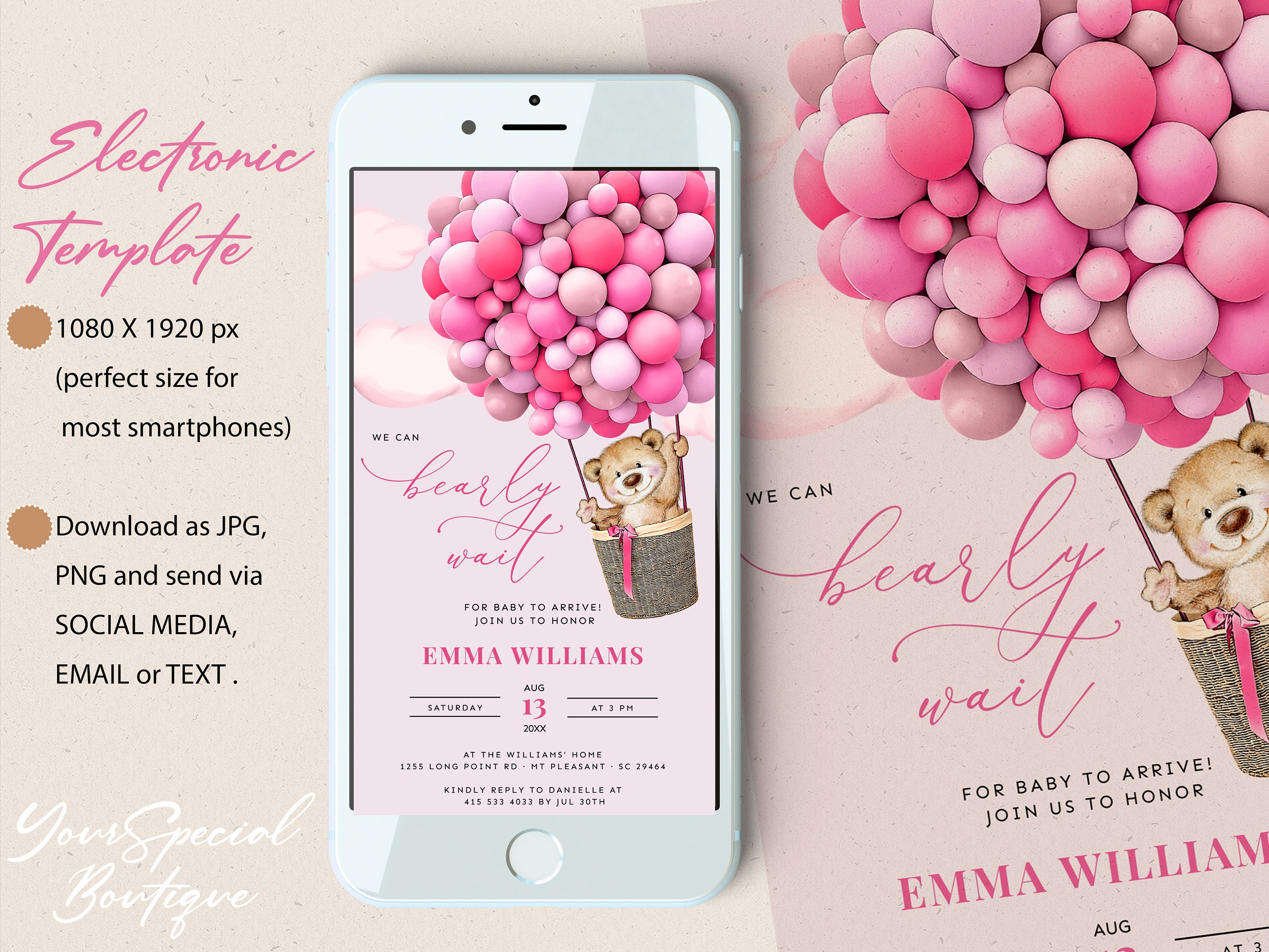 Baby Shower Evite Girl Bear Baby Shower Invitation Pink Etsy Australia