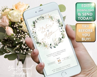 Puede incluir: Plantilla de invitación de boda editable en la pantalla de un teléfono inteligente. La invitación presenta una corona floral verde y dorada con los nombres "Britney & Matthew" en escritura dorada. El texto dice "Junto con sus familias, les invitan a su celebración de boda Sábado 13 de mayo de 20XX a las 3 PM Hotel Premier 4700 Salisbury Rd Jacksonville FL 32254".