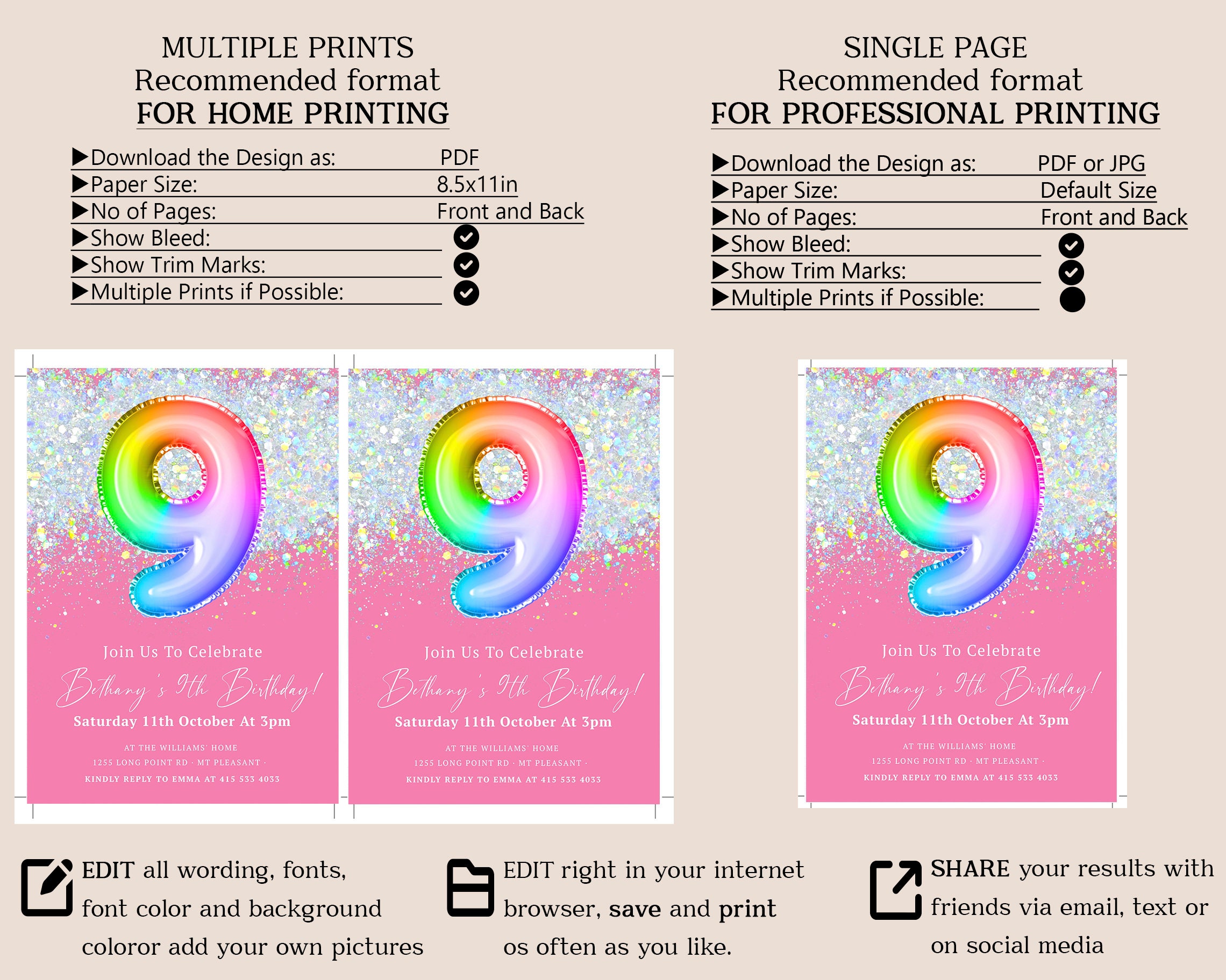 9th Birthday Invitation Editable Boy Girl Glitter Birthday - Etsy
