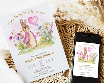 Peter Rabbit Girl Birthday Electronic Invitation, Bunny First Birthday Evite Template for Girl, Digital Text Birthday Invite Digital 099