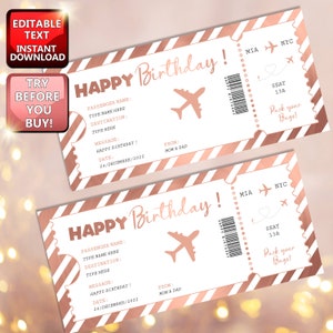 Billete de regalo de tarjeta de embarque, billete de vuelo sorpresa en oro rosa, texto editable imprimible, vale de regalo de billete de avión, cupón de regalo