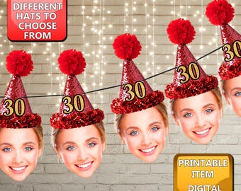 May include: Printable 30th birthday banner with red and gold party hats. The banner is decorated with red pom-poms and gold numbers. The text "Printable Item Digital Download" is at the bottom of the image.