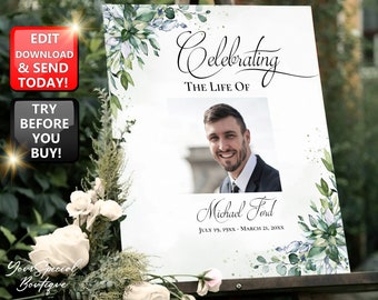 Greenery Funeral Sign men, Memorial Sign, Celebration of Life Welcome, Editable Funeral Welcome Sign, Eucalyptus Greenery Funeral Sign F031
