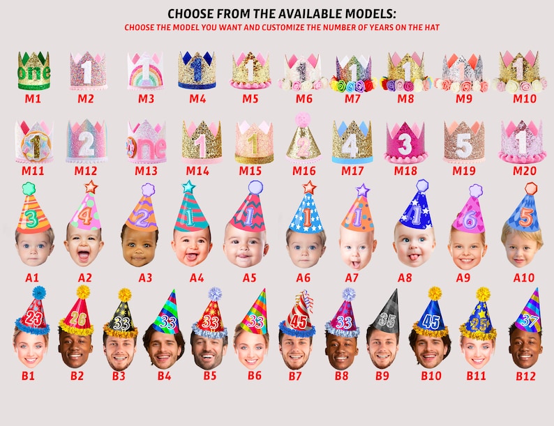 May include: A chart of 20 different birthday hat designs for a first birthday. The hats are decorated with glitter, numbers, and other festive elements. The chart is labeled with the model numbers M1 through M20, A1 through A10, and B1 through B12.