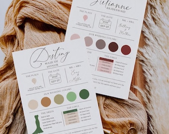 May include: Two white rectangular wedding proposal cards with black text and colorful circular swatches. The cards feature sections for place, date, wedding colors, and a list of names. One card is for a bridesmaid and the other for a maid of honor.