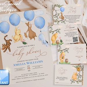 Ourson - Invitation classique de Winnie l'ourson, ballon ours, tombola de couches pour filles, demande de livre Winnie, carte de remerciement, cadeau code QR, modèle modifiable