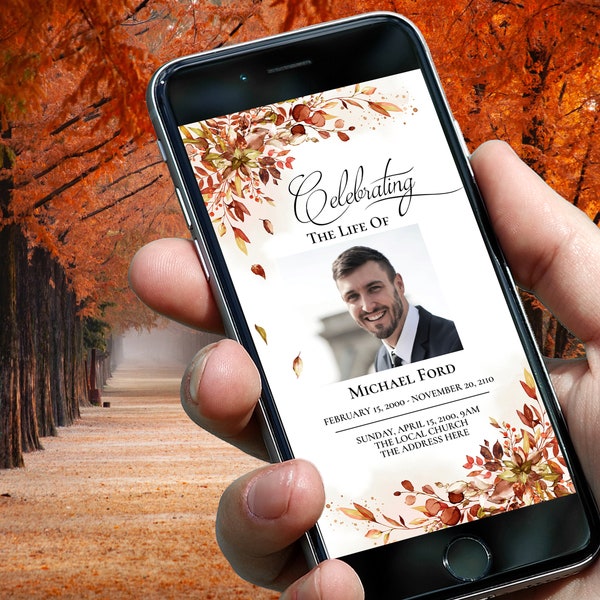 Digital Photo Funeral Invitation,  E-invite fall Funeral Photo electronic card, autumn Electronic Memorial Invite Card editable F033