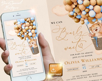 Baby Shower invitation boy girl, Electronic Invite gold - blue - cream  Electronic Invitation, Boho neutral Evite digital, electronic BS032