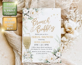 Bridal Brunch Invitation Instant Download Template, Floral White Gold brunch and bubbly Bridal Shower Invitation, Bridal brunch invite gold