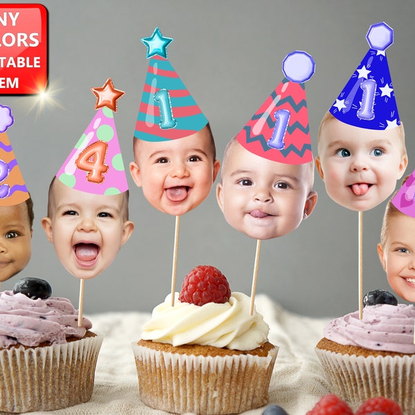 May include: A collection of cupcakes topped with edible images of children's faces wearing party hats. Each hat has a number on it, ranging from 1 to 6. The text "ANY COLORS PRINTABLE ITEM" is in a red box in the upper left corner.