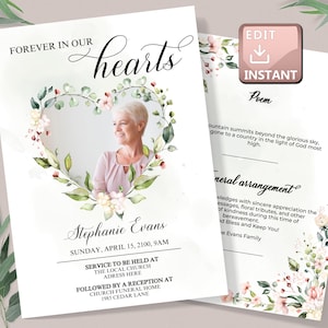 Programa conmemorativo, plantilla de programa funerario para hombre y mujer, 4 páginas, programa conmemorativo floral editable, plantilla de obituario fúnebre F27
