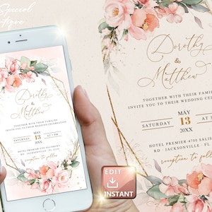 Pink Eucalyptus Wedding Evite, Smartphone Electronic Invitation, Greenery Digital Template, Mobile E-Invite, Electronic Invite Digital W024