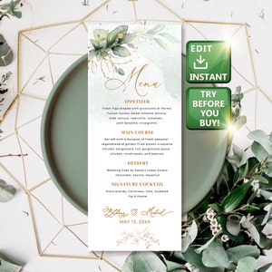 Grünes Hochzeitsmenu, moderne Menükarten, Menüvorlage für Babyparty, Menükarte Taufe, Menü Dinner Buffet, Menükarte Bon Appetit W012
