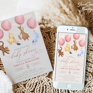 May include: A Winnie the Pooh themed baby shower invitation with pink balloons, a tiger, a donkey, a kangaroo, and Winnie the Pooh holding a balloon. The invitation includes the text "Please join us for a baby shower honoring the mommy-to-be Amelia Williams".