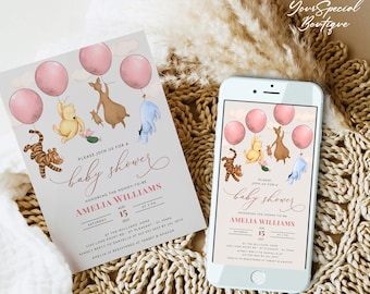 POOH - klassische Winnie The Pooh Evite elektronische Mädchen-Babyparty laden rosa Ballon ein Digital Mobile Einladungen Bearbeitbare Smartphone Vorlage